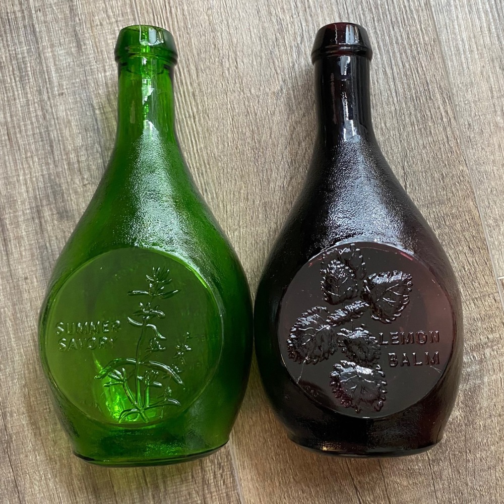 Vintage Embossed Glass Herb Bottles Summer Savory Green Lemon Balm Purple Set 2